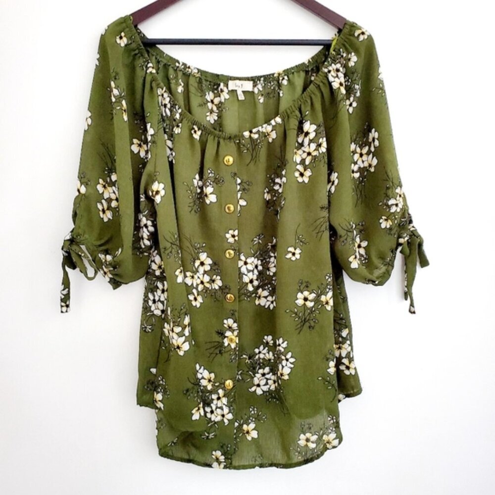 LOVE J Women's 2X On/Off The Shoulder Pullover Avocado Green Floral Print Blouse